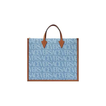 VERSACE Cotton With Cow Leather Tote Bag, Shopping Bag, Shoulder Bag, Crossbody Bag, Handbag Men's Light Blue