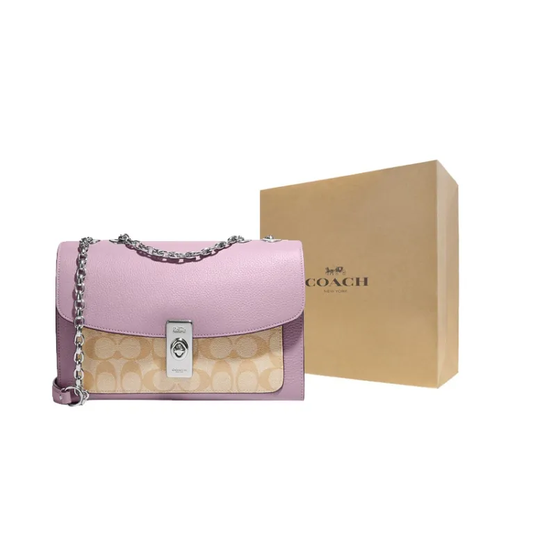 COACH Lane Coated Canvas With Pebbled Leather Portable Crossbody Bag Shoulder Bag Women's Khaki Monogram & Pink-6