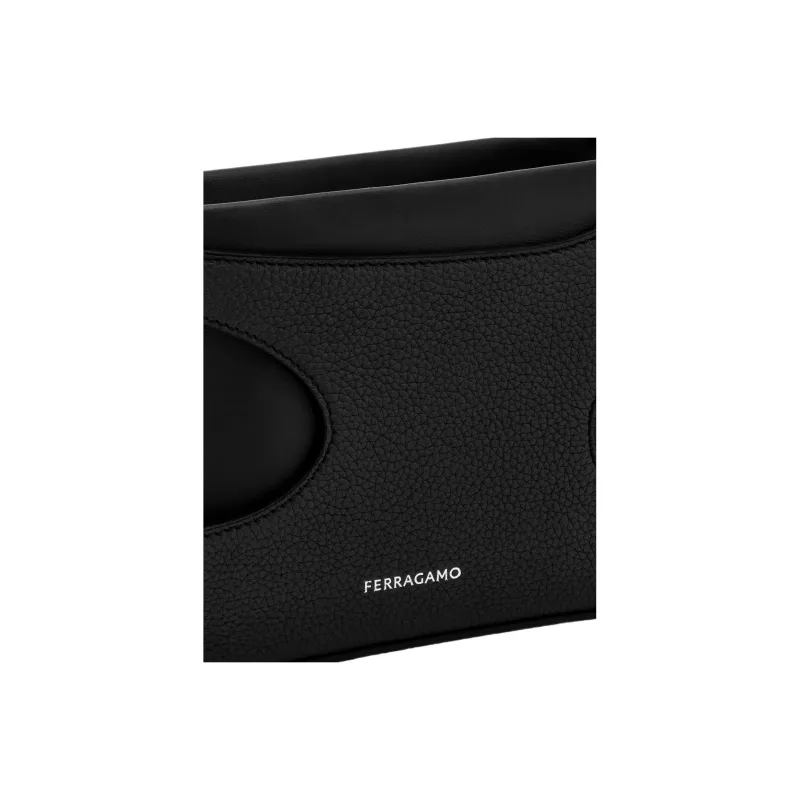 FERRAGAMO Hammered Leather Shoulder Bag Crossbody Bag Mini Women's Black-3