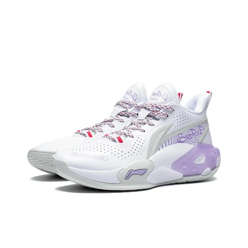 LiNing Badfive Storm V2 Cushioning Wear Resistant Slip Resistant Rebound Mid Top Basketball Shoes White Purple-2