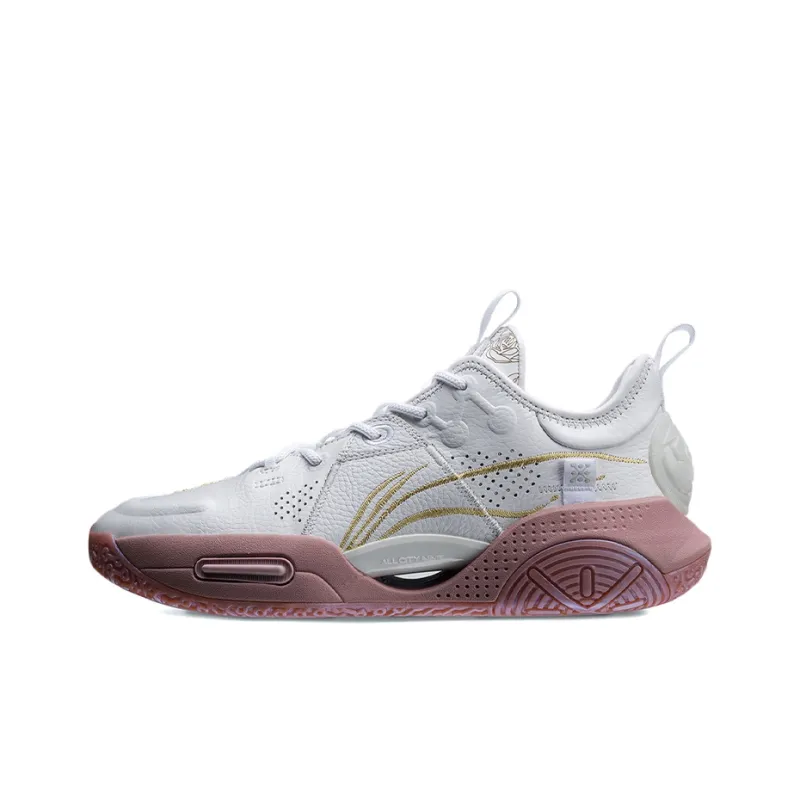 LiNing All City 9 Cushioning Anti-Slip Wear-Resistant Breathable Supportive Rebound Low-Top Basketball Shoes White Pink-0