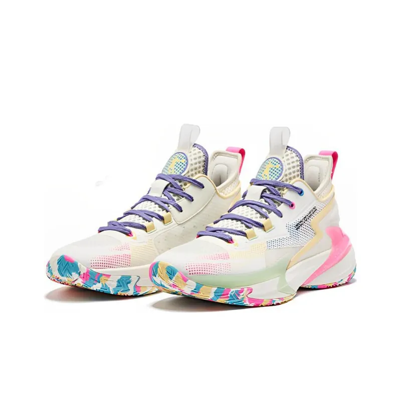 QIAODAN Broken Shadow 4 Elite Cushioning Anti-Slip And Wear-Resistant Mid-Top Basketball Shoes Beige Pink Purple-2