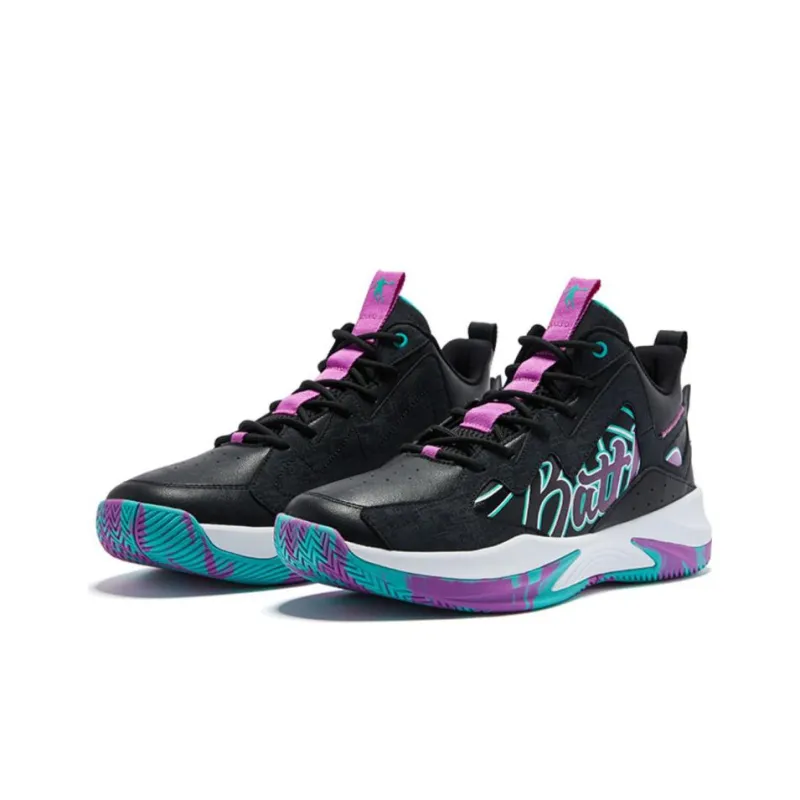 QIAODAN Basketball Shoes Men Mid Top Black/Purple/Green-2