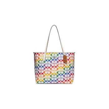 COACH City Canvas With Leather Tote Bag Shopping Bag Handbag Shoulder Bag Women's Rainbow