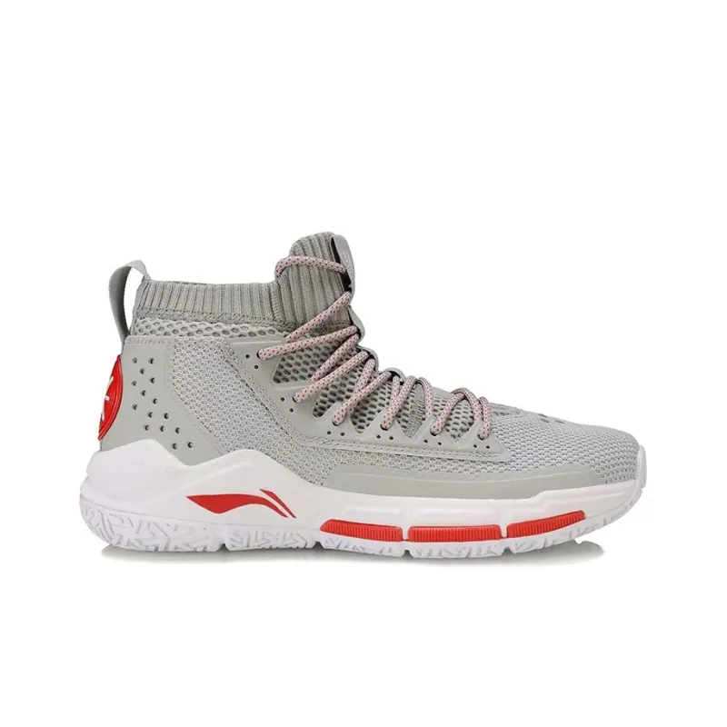 LiNing Wade Collection Cushioned Slip Resistant Abrasion Resistant Mid Top Basketball Shoes Men's White Gray Red-1