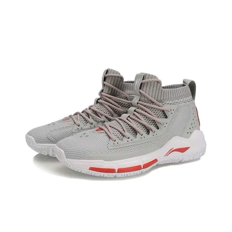 LiNing Wade Collection Cushioned Slip Resistant Abrasion Resistant Mid Top Basketball Shoes Men's White Gray Red-2