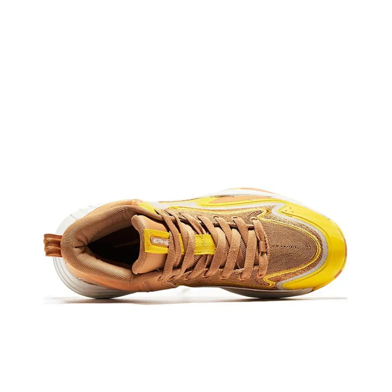 Erke Shock Absorbers With Slip Resistant And Abrasion Resistant Properties Mid Top Basketball Shoes Men's Brown Yellow-3