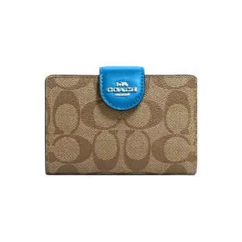 COACH Corner Zip Coated Canvas With Leather Coin Purses Wallets Women's Navy Blue Multicolor