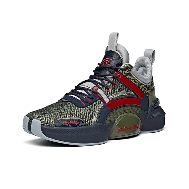 ANTA Basketball Shoes Men Low Top Olive Green/Dark Blue/Red-2