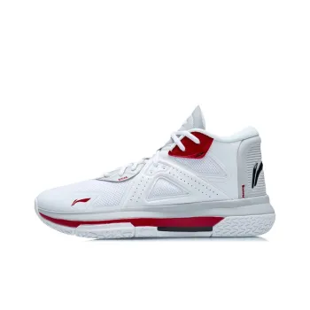 LiNing Team Logos Emblem Anti Slip Wear Resistant Mid Top Basketball Shoes Standard White