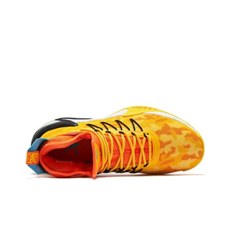 QIAODAN Broken Shadow Cushioning Anti Slip Wear Resistant Breathability Mid Top Basketball Shoes Men's Yellow Orange-4