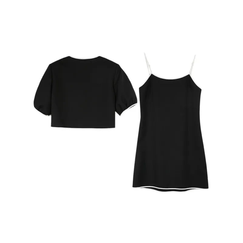 3COLOUR Two Piece Skirt Sets Women's Set Black Top+Black Camisole Dress-1