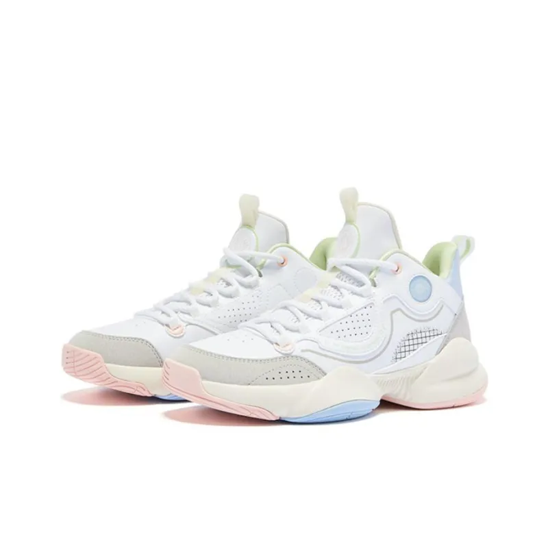 QIAODAN Anti Slip And Wear Resistant Breathable Mid Top Basketball Shoes Women's White Gray Blue Pink-2
