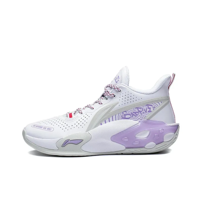 LiNing Badfive Storm V2 Cushioning Wear Resistant Slip Resistant Rebound Mid Top Basketball Shoes White Purple-0