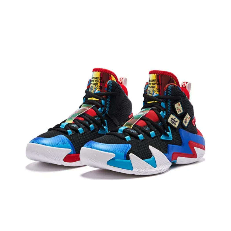 QIAODAN Broken Shadow 2 Cushioning Anti Slip And Wear Resistant Mid Top Basketball Shoes Men's Black Blue Red-2