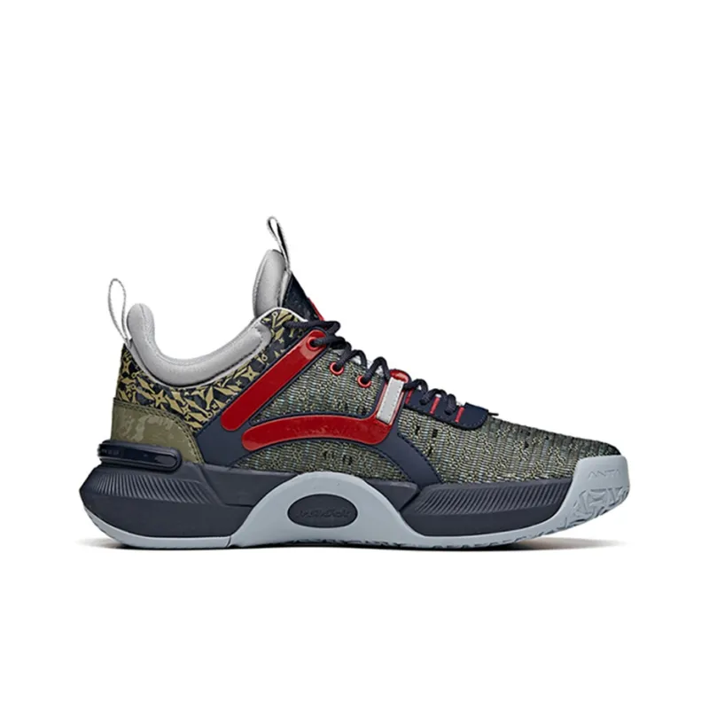 ANTA Basketball Shoes Men Low Top Olive Green/Dark Blue/Red-1