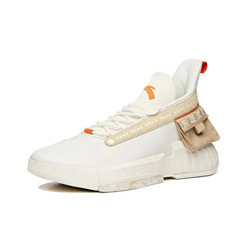 ANTA Basketball Shoes Men Low-Top Ivory White/Oatmeal Light Brown/Racing Orange