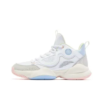 QIAODAN Anti Slip And Wear Resistant Breathable Mid Top Basketball Shoes Women's White Gray Blue Pink