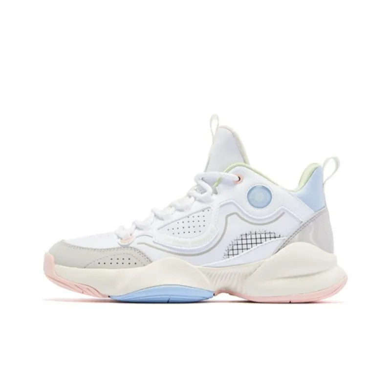QIAODAN Anti Slip And Wear Resistant Breathable Mid Top Basketball Shoes Women's White Gray Blue Pink-0