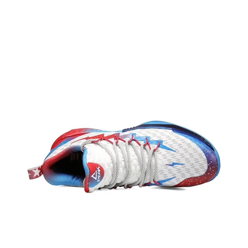 PEAK Lightning 2 Slip-Resistant Cushioning Wear-Resistant Mid-Top Basketball Shoes White Blue Red-3