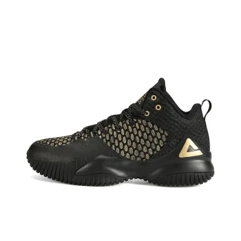 PEAK Cushioning Anti Slip And Wear Resistant Mid Top Basketball Shoes Black Gold