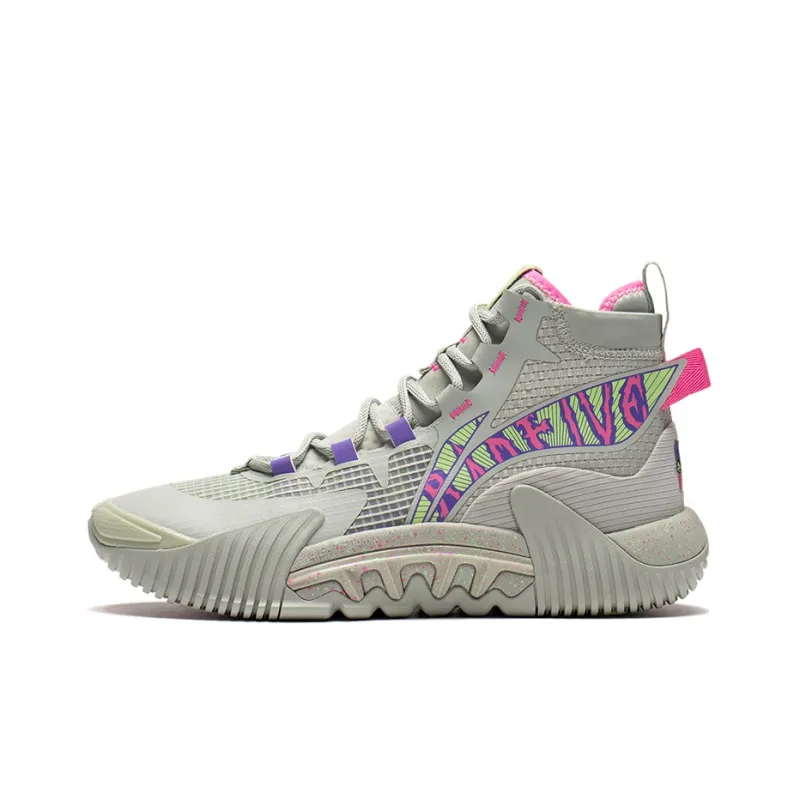 LiNing Badfive 2 Cushioning Anti Slip And Wear Resistant High Top Performance Basketball Shoes Gray Red Green-0