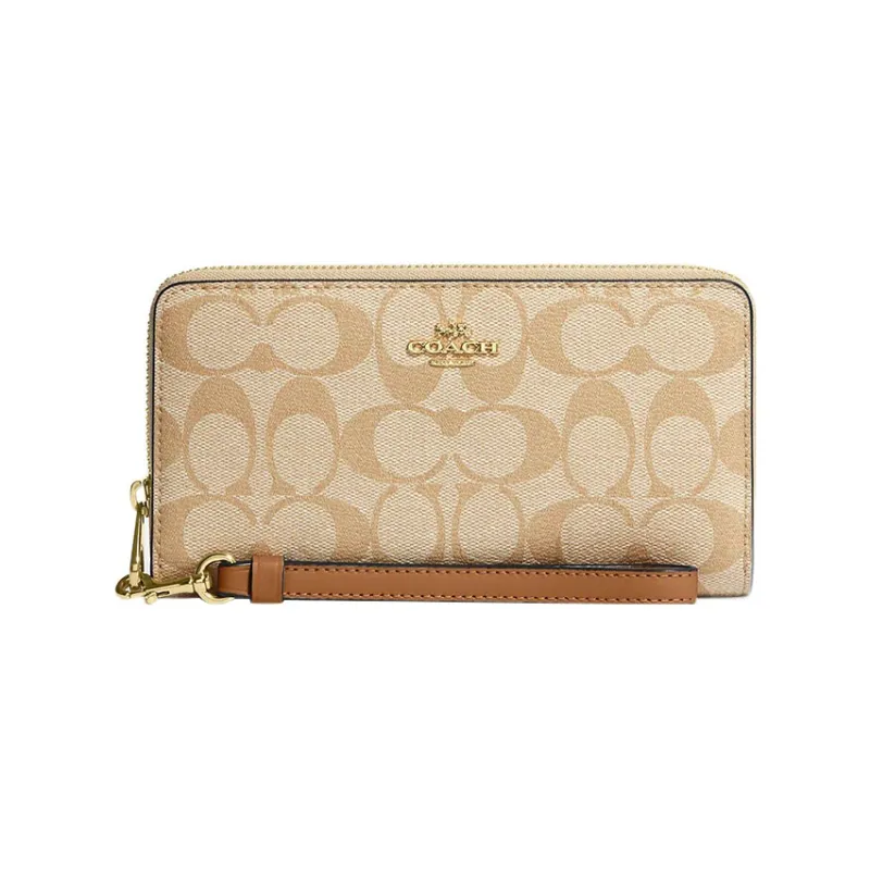 COACH Zip Around Canvas With Leather Clutch Wallet Trumpets Women's Khaki-0