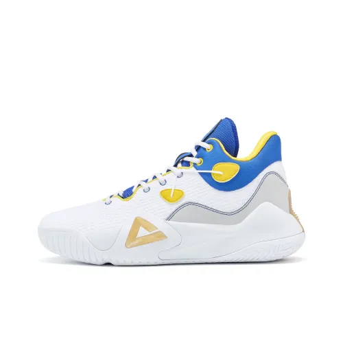 PEAK Basketball Shoes Men Low-Top All White/Colorful Blue