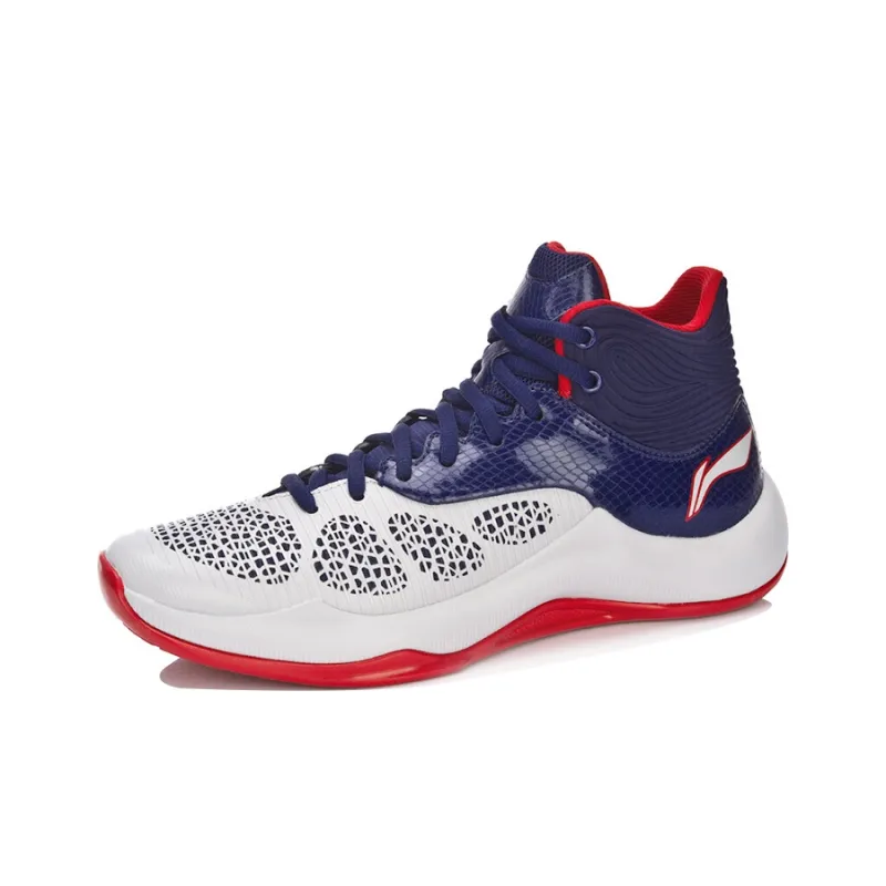 LiNing SONIC 5 Cushioning Anti Slip Wear Resistant Coverage Support Rebound Mid Top Basketball Shoes Blue White-2