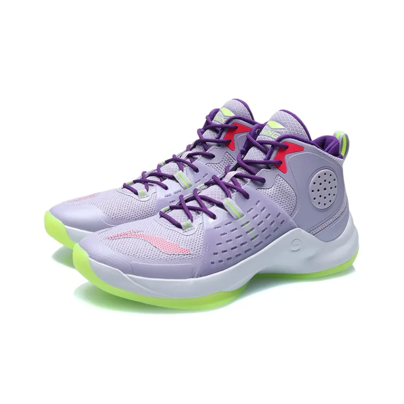 LiNing Anti Slip Wear Resistant High Top Basketball Shoes Unisex Purple Green-2