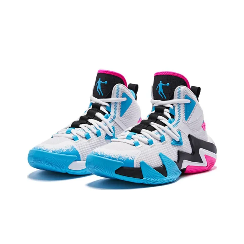 QIAODAN Broken Shadow 2 Cushioning Anti Slip And Wear Resistant High Top Basketball Shoes Men's White Blue-2