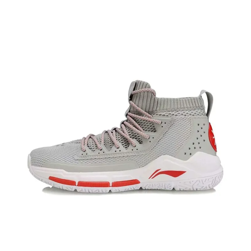 LiNing Wade Collection Cushioned Slip Resistant Abrasion Resistant Mid Top Basketball Shoes Men's White Gray Red-0