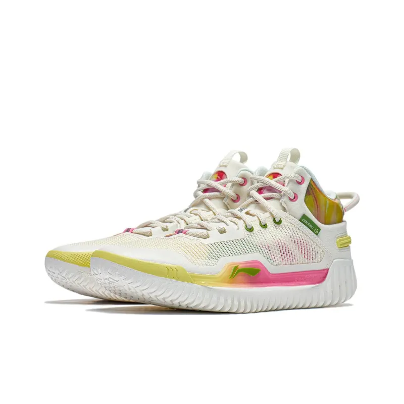 LiNing Badfive 3 Slip Resistant Cushioning Abrasion Resistant Mid Top Basketball Shoes Men's White Yellow Pink-2