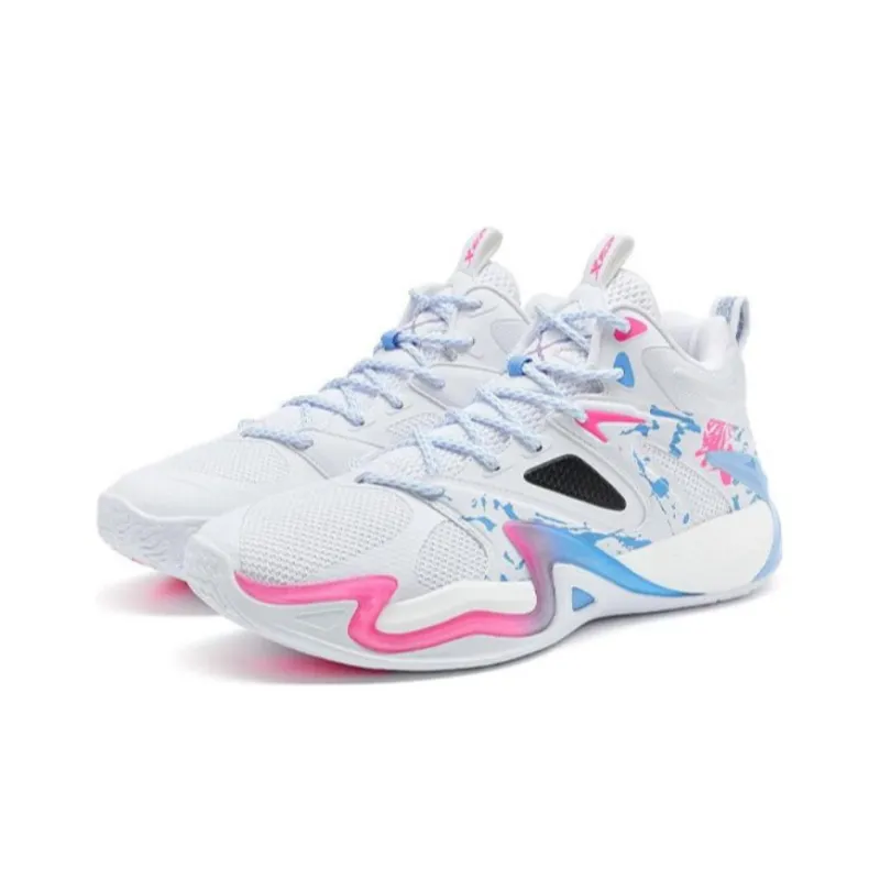 XTEP Abrasion Resistant Breathable Mid Top Basketball Shoes Men's White Blue-1