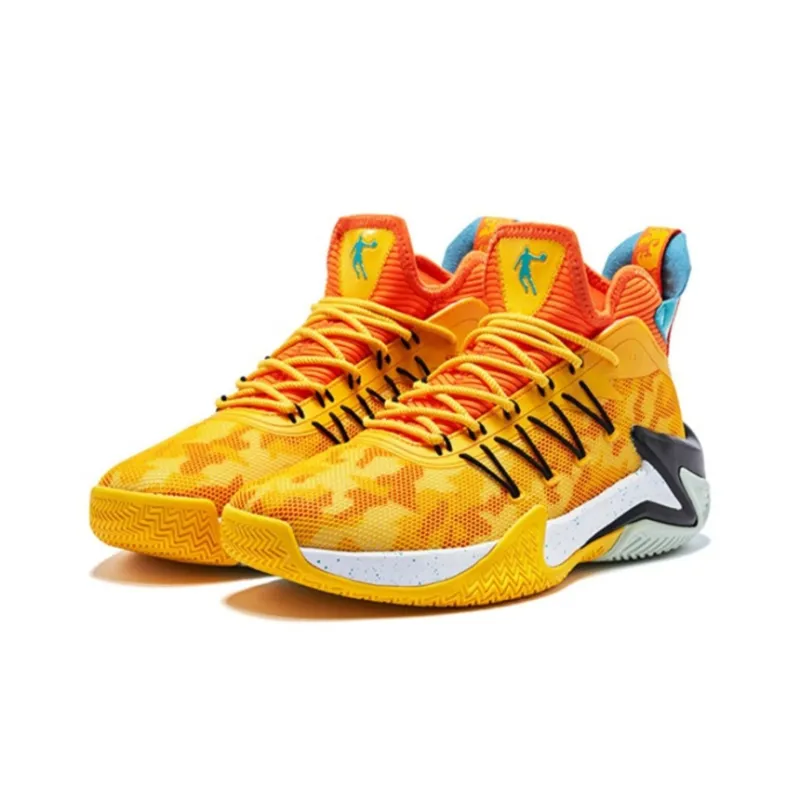 QIAODAN Broken Shadow Cushioning Anti Slip Wear Resistant Breathability Mid Top Basketball Shoes Men's Yellow Orange-2