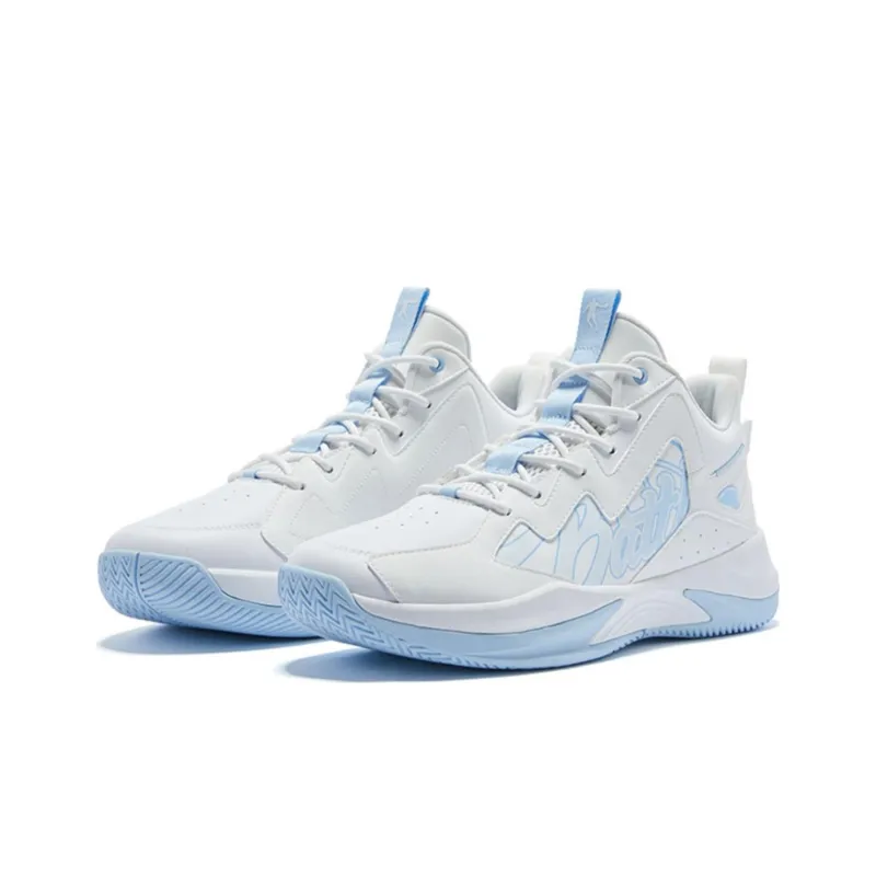 QIAODAN Basketball Shoes Men Mid Top White Blue-2