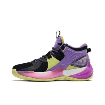 QIAODAN Battle Halberd Cushioning Anti Slip And Wear Resistant Mid Top Basketball Shoes Men's Black Cyan Purple