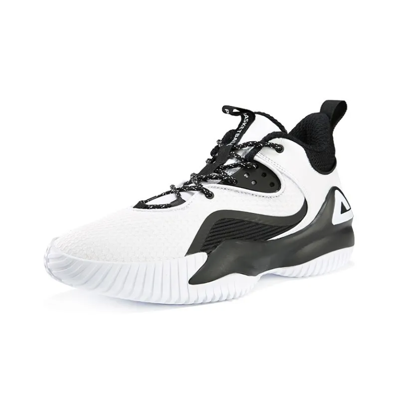 PEAK Cushioned Slip Resistant Abrasion Resistant High Top Performance Basketball Shoes White Black-2