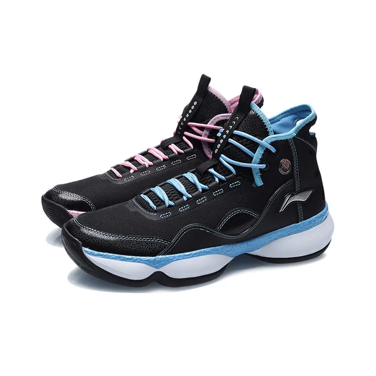 LiNing Cushioning Wear Resistant Coverage Support Impact Resistant High Top Basketball Shoes Men's Blue Pink-2