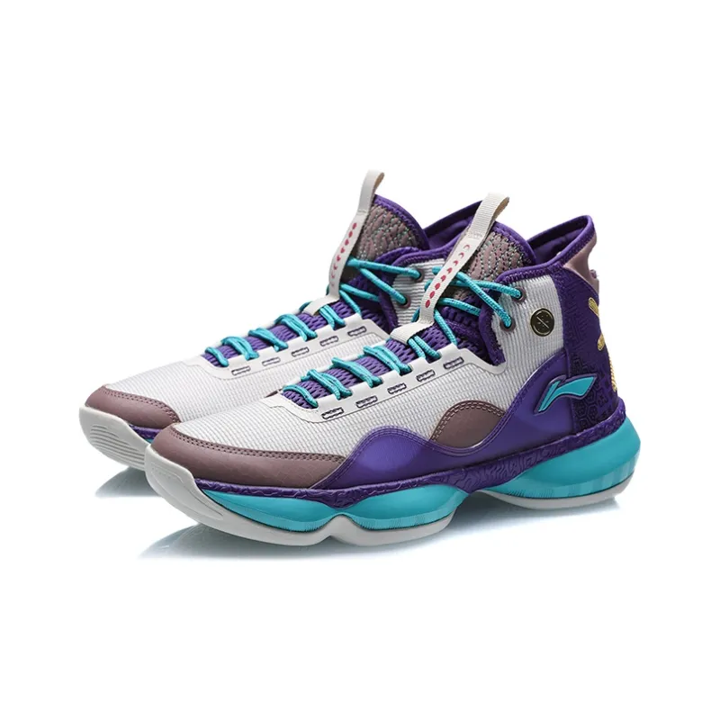 LiNing Wow Shadow 2 Cushioned Slip Resistant Rebound Wear Resistant High Top Basketball Shoes Men's White Purple-2