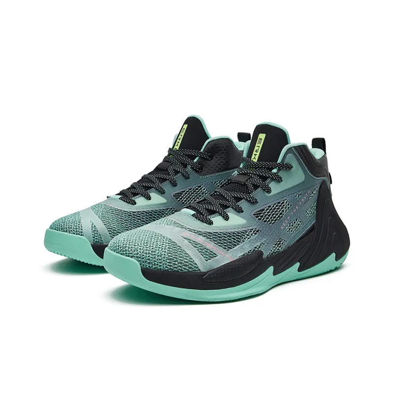 Erke Shock Absorbers With Slip Resistant And Abrasion Resistant Properties Mid Top Basketball Shoes Men's Black Green-1
