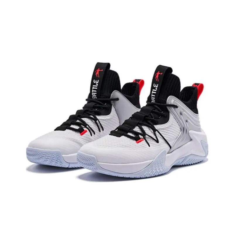 QIAODAN Broken Shadow Cushioning, Slip Resistant, And Abrasion Resistant Mid Top Basketball Shoes Men's Black White-2