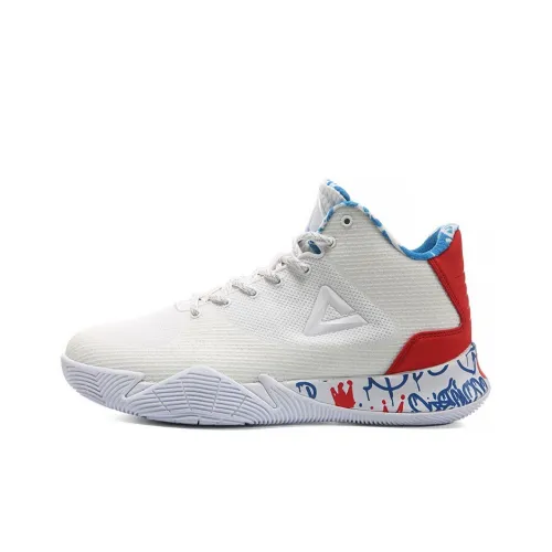 PEAK Basketball Shoes Men Mid-Top All White/Large Red