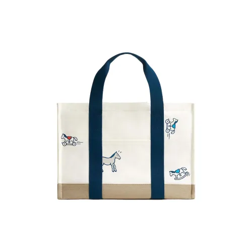 HERMES Cotton Canvas Bag Bib Bag Tote Bag Shopping Bag Handbag Regular Women's White/Marine Blue