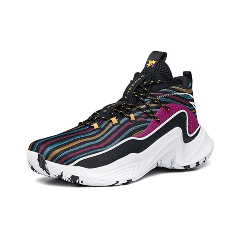Anta Cushioning Anti-Slip Wear-Resistant Breathability Mid-Top Basketball Shoes Men's Black Blue Yellow-2