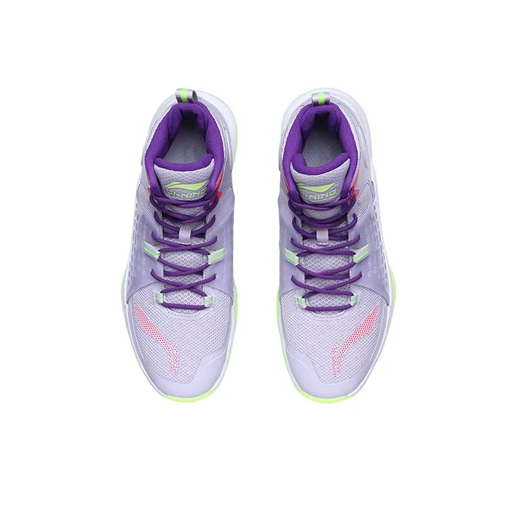 LiNing Anti Slip Wear Resistant High Top Basketball Shoes Unisex Purple Green-3