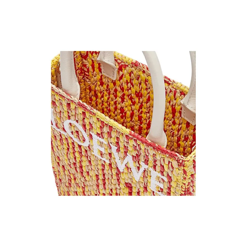 LOEWE Raffia Fiber Cow Leather Patchwork Tote Bag Shopping Bag Handbag Women's Multicolor/White-5