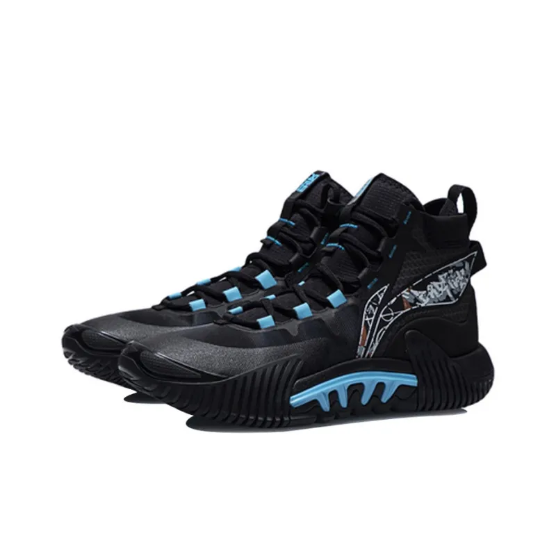 LiNing Badfive 2 Durable Breathable High Top Basketball Shoes Men's Black Blue-2