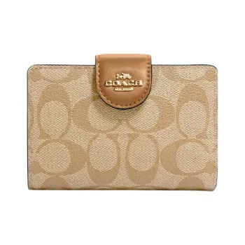 COACH Corner Zip Coated Canvas With Leather Coin Purse Wallet Women's Khaki