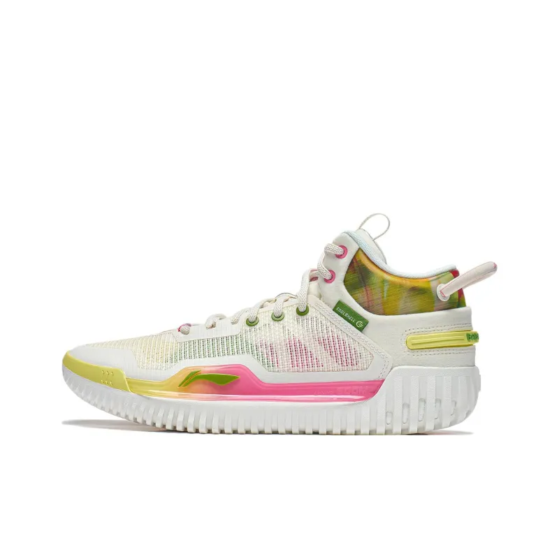 LiNing Badfive 3 Slip Resistant Cushioning Abrasion Resistant Mid Top Basketball Shoes Men's White Yellow Pink-0